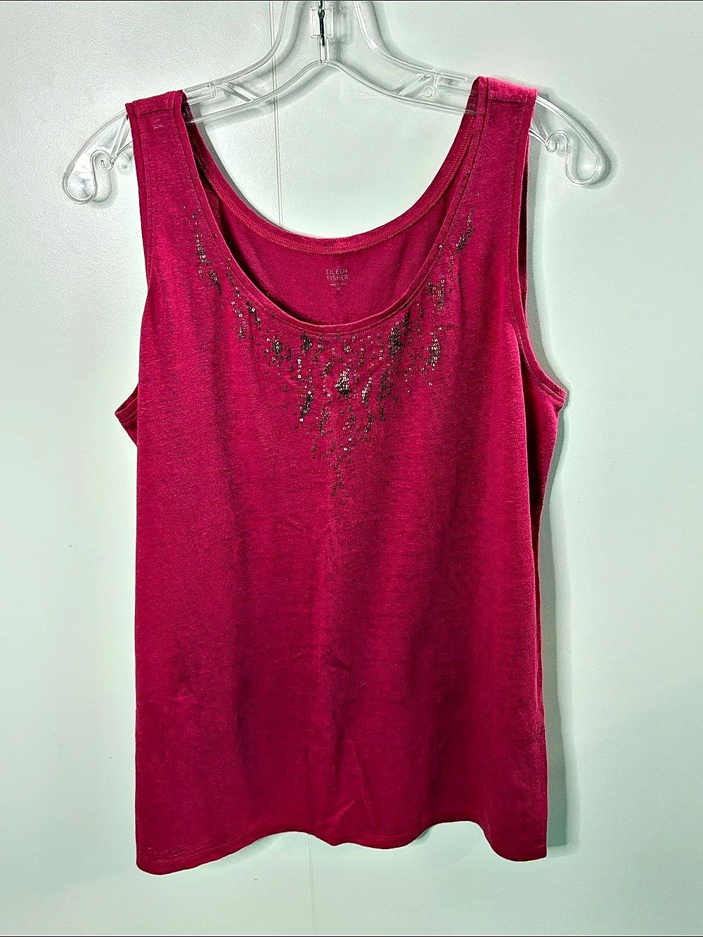 Eileen Fisher 100% Linen Embellished Tank Top in Pink Size Medium Like New